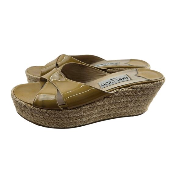 Jimmy Choo Sandals Womens 8.5 38.5 Platform Espadrille Beige Patent Leather - Picture 6 of 15